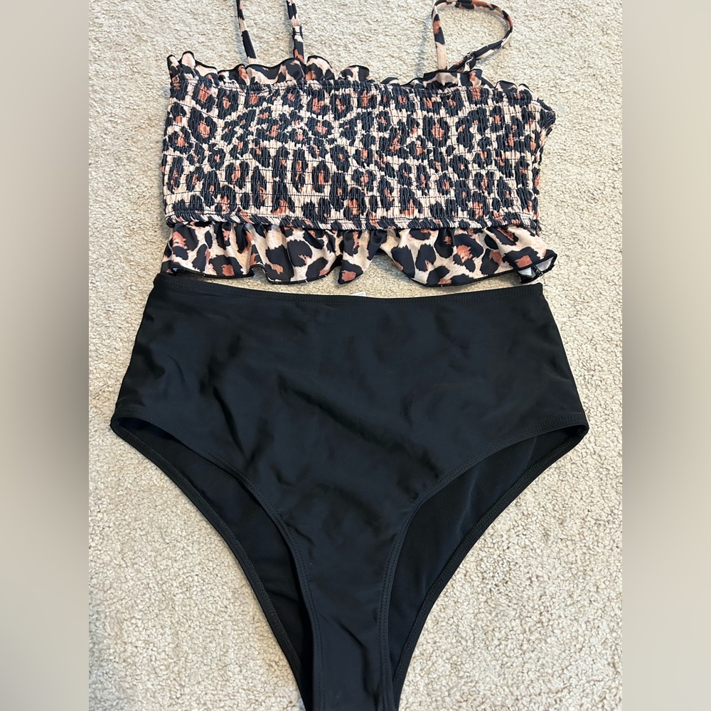 NWOT Leopard Print and Black High-Waist Bikini Set